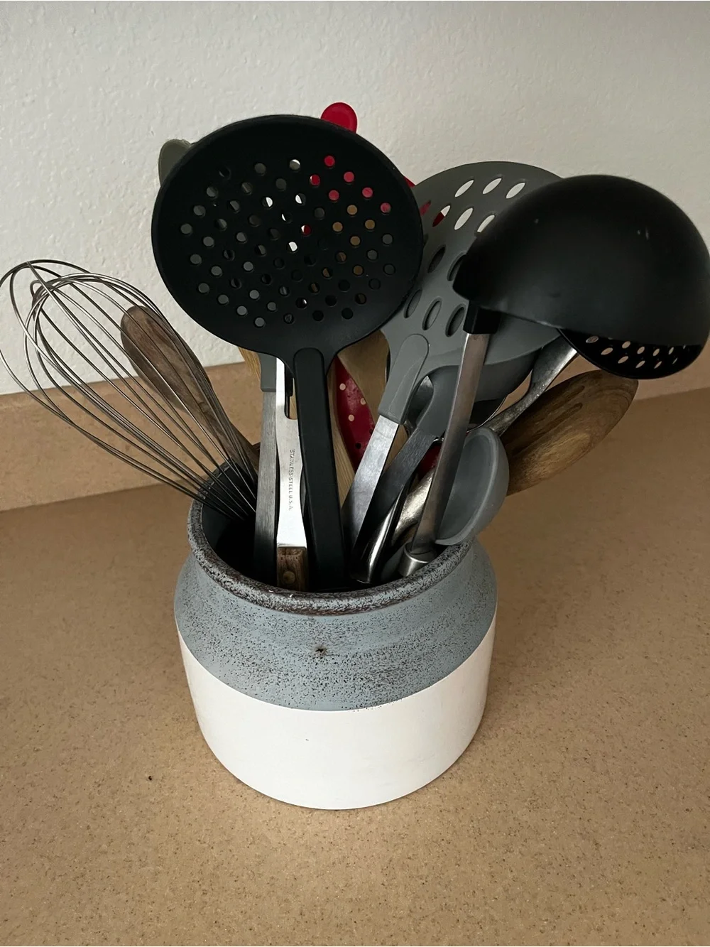 Ceramic Utensil Holder in Blue and White and Cooking and Serving Utensils